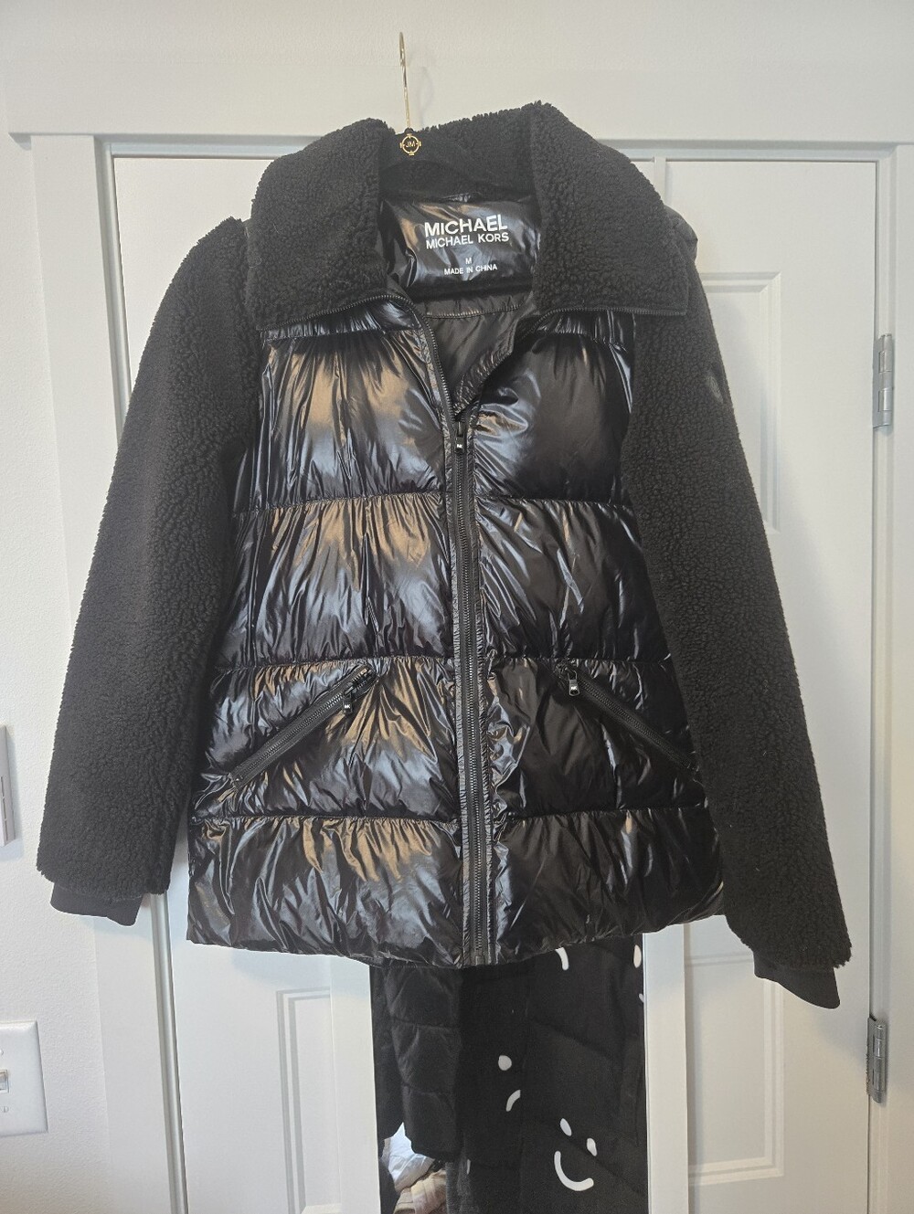 Michael Kors Black Quilted Puffer Jacket with Sherpa Collar Sleeves. Size M